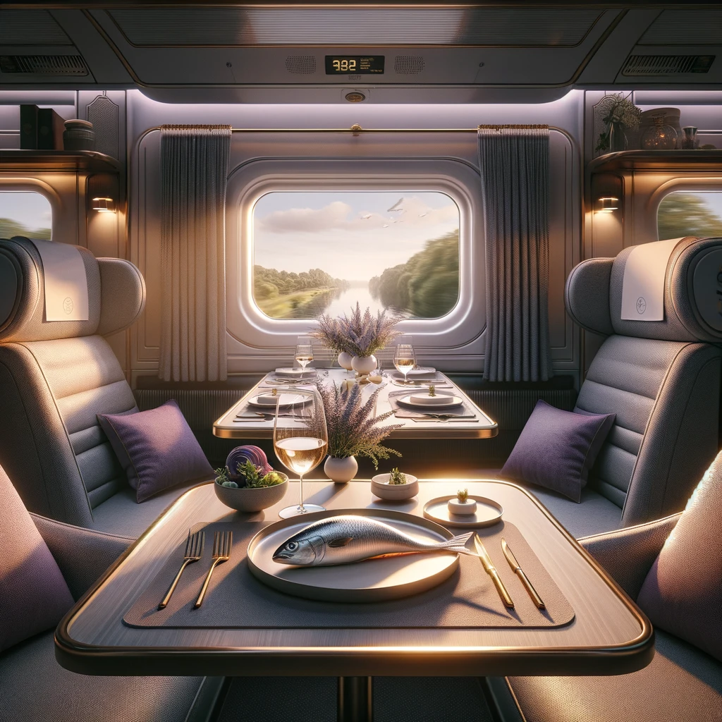 artists impression of the restaurant car with fish menu